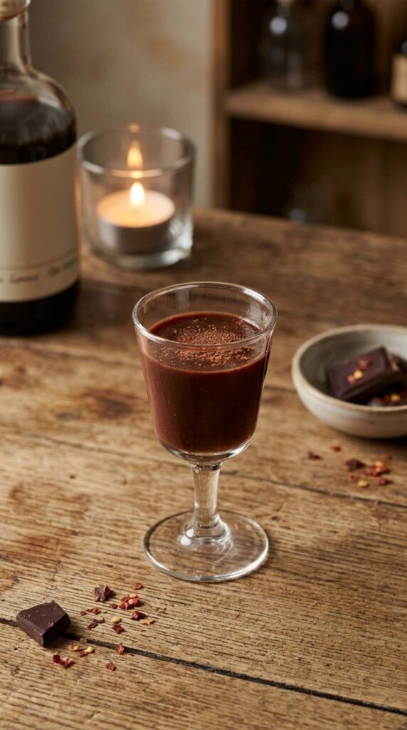 bicchiere di liquore al cioccolato e peperoncino
