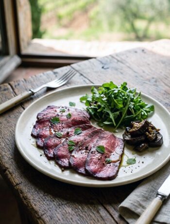 piatto di fette di filetto marinato agli aromi toscani e rucola