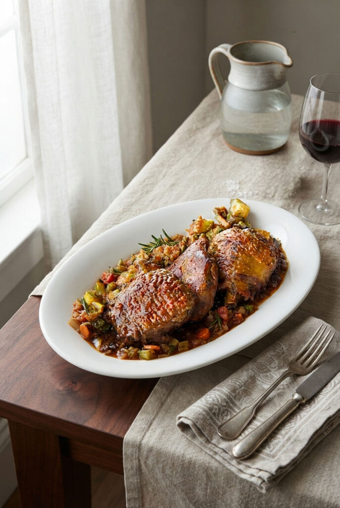 piatto di pollo alla cacciatora su tavola apparecchiata