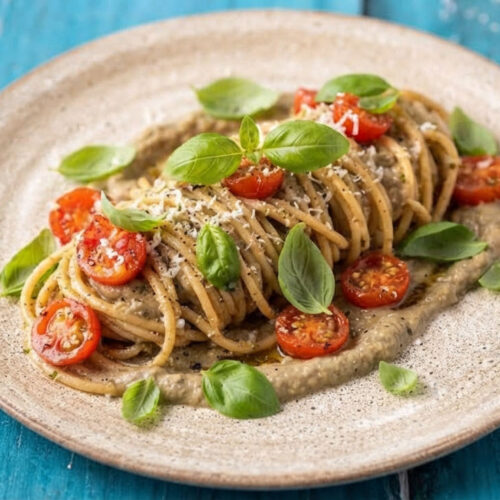 Spaghetti con melanzane, pomodori e cipolla di Tropea