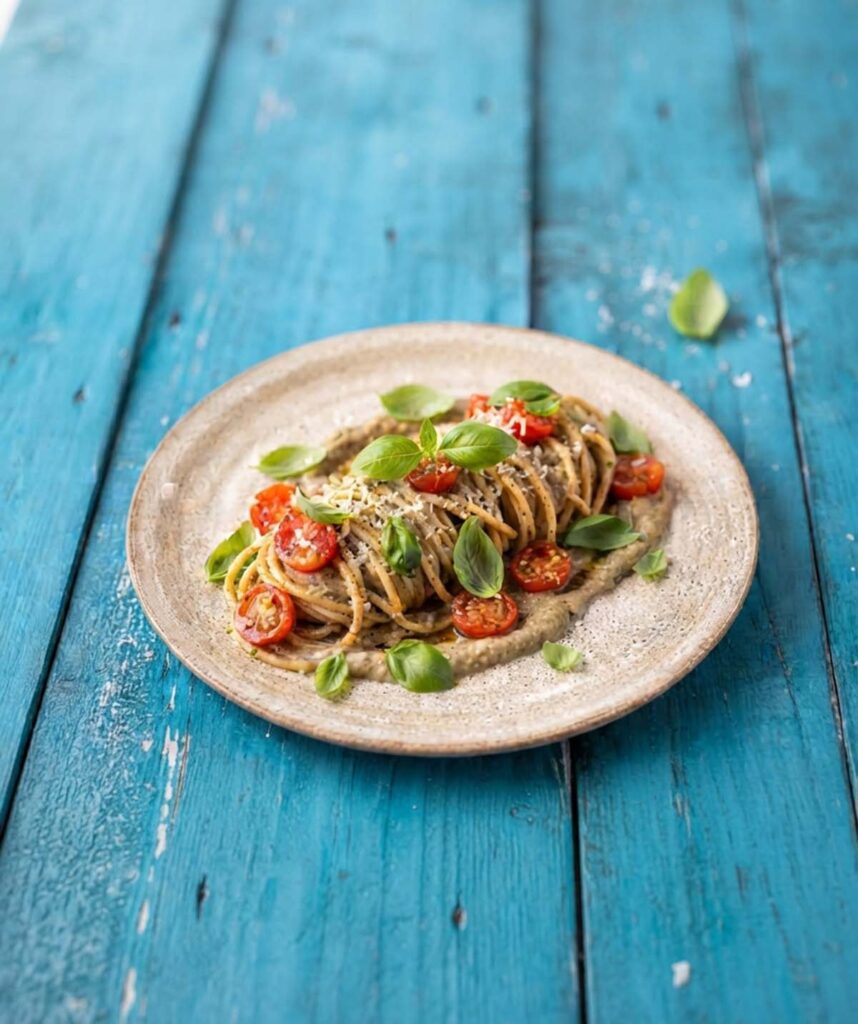 piatto con spaghetti con melanzane, pomodori e cipolla di Tropea