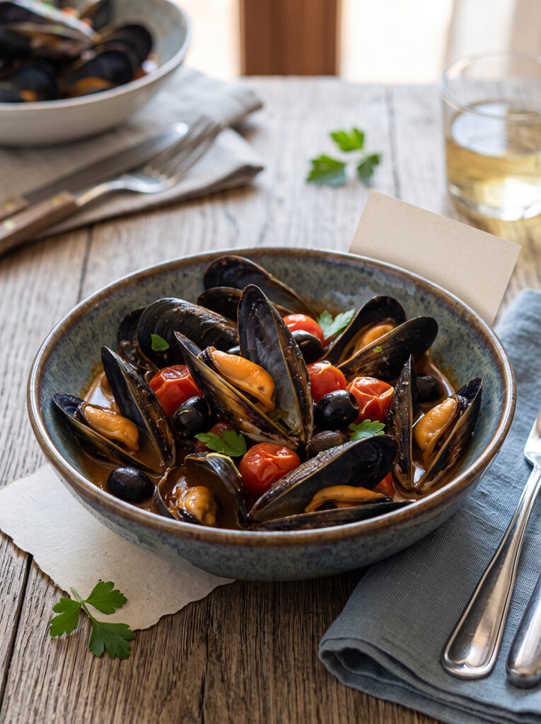 piatto cozze pomodori e olive
