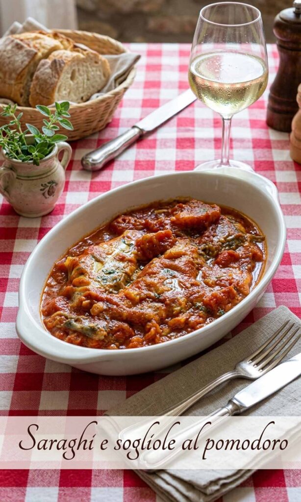 piatto di sogliole e saraghi al pomodoro piccante e origano