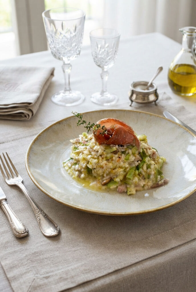 piatto di risotto con zucchine, pinoli e prosciutto
