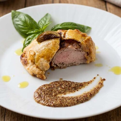 Filetto di maialino in crosta con melanzane stufate e salsa alla senape antica