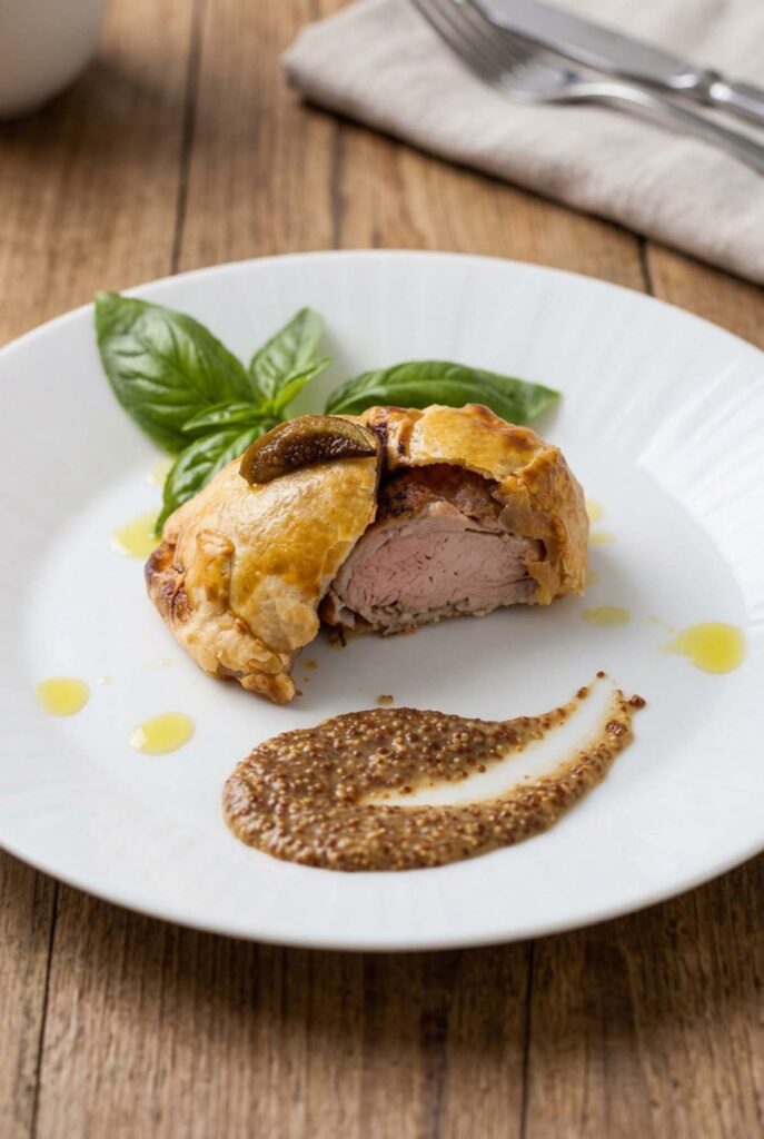 Piatto con Filetto di maialino in crosta con melanzane stufate e salsa alla senape antica