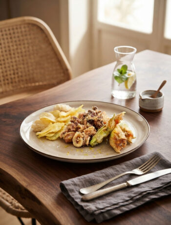 piatto con Fritto misto con totani, patate e fiori di zucca