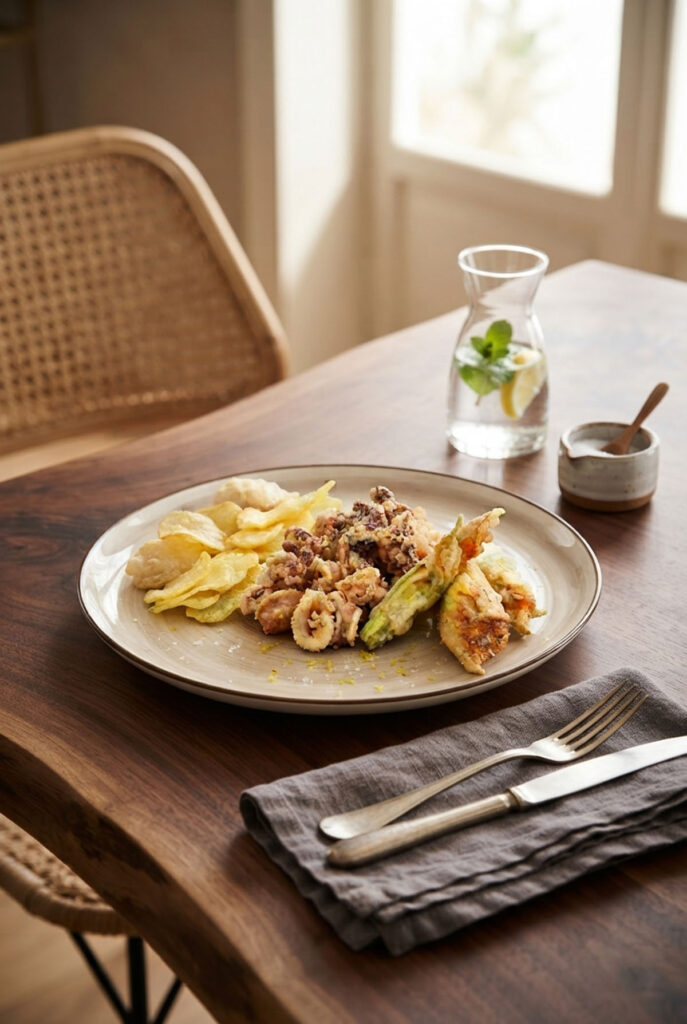 piatto con Fritto misto con totani, patate e fiori di zucca