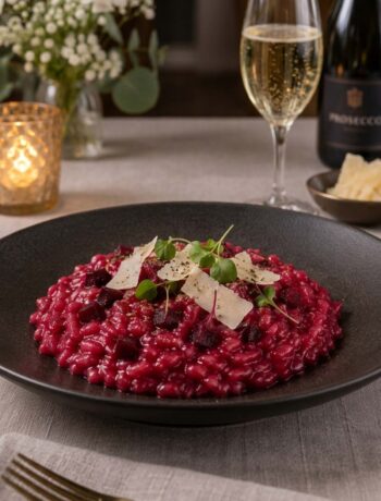 tavola con piatto risotto barbabietola