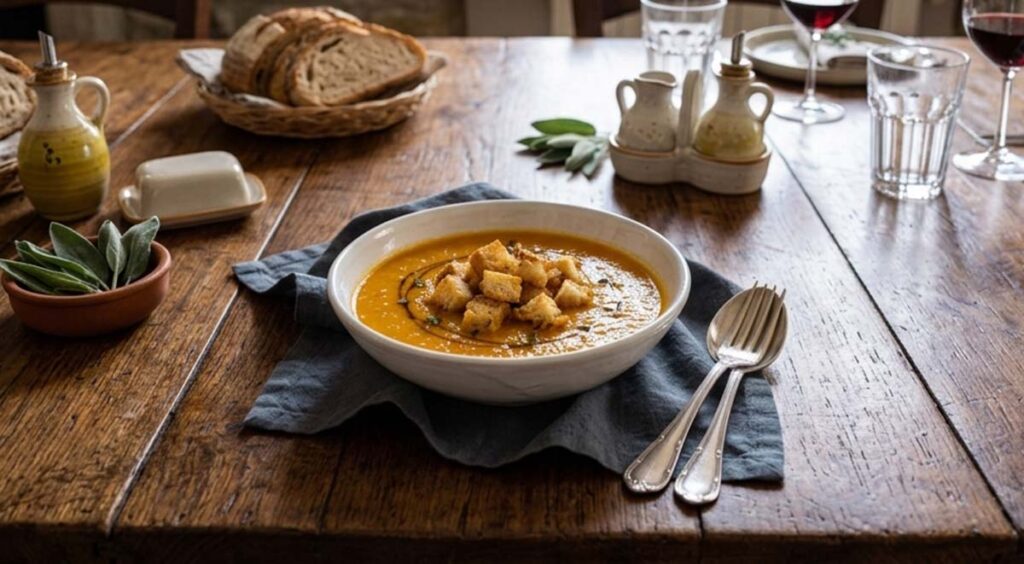 piatto di vellutata di zucca in tavola