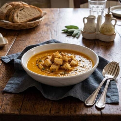 piatto di vellutata di zucca in tavola