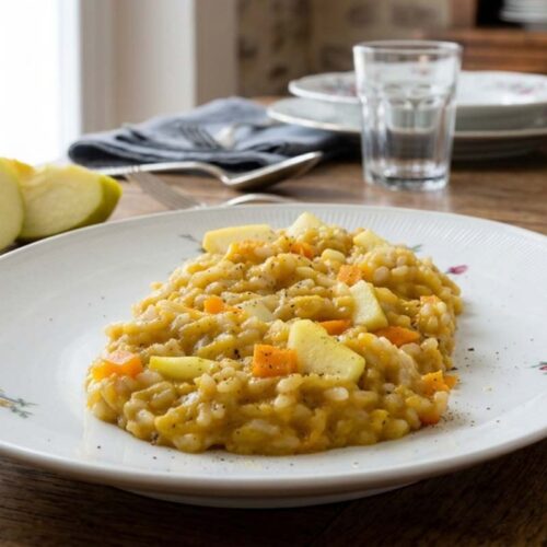 piatto di risotto mele e brunello