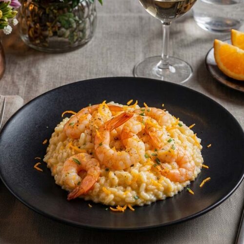 tavola e piatto risotto gamberetti arancia