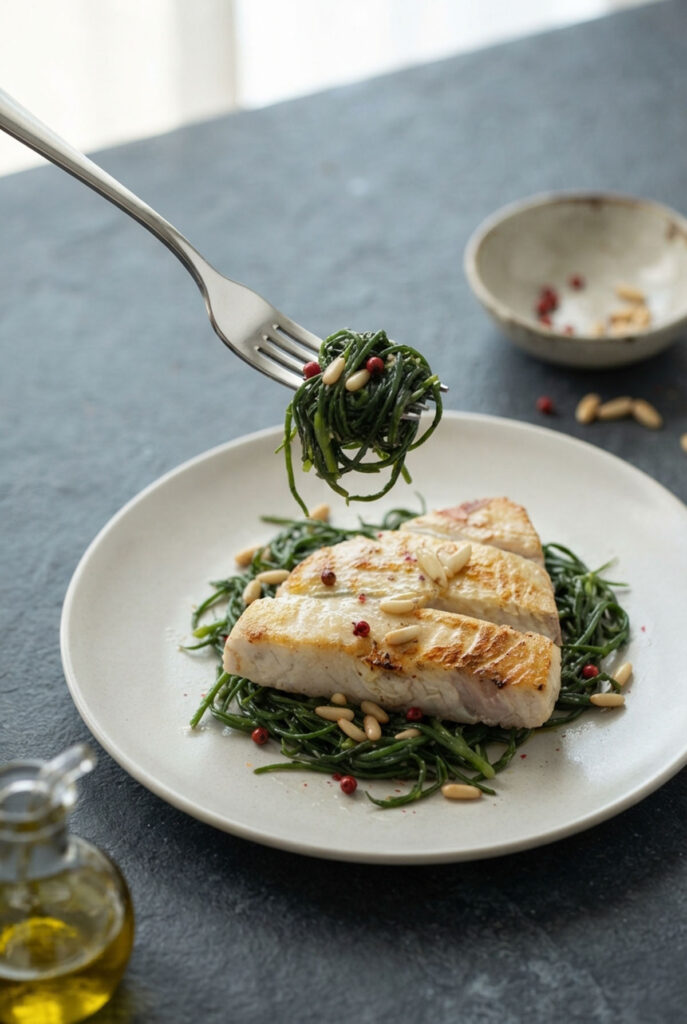 piatto con pesce spada grigliato e agretti