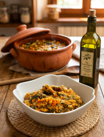 piatto di ribollita con coccio toscano e bottiglia d'olio