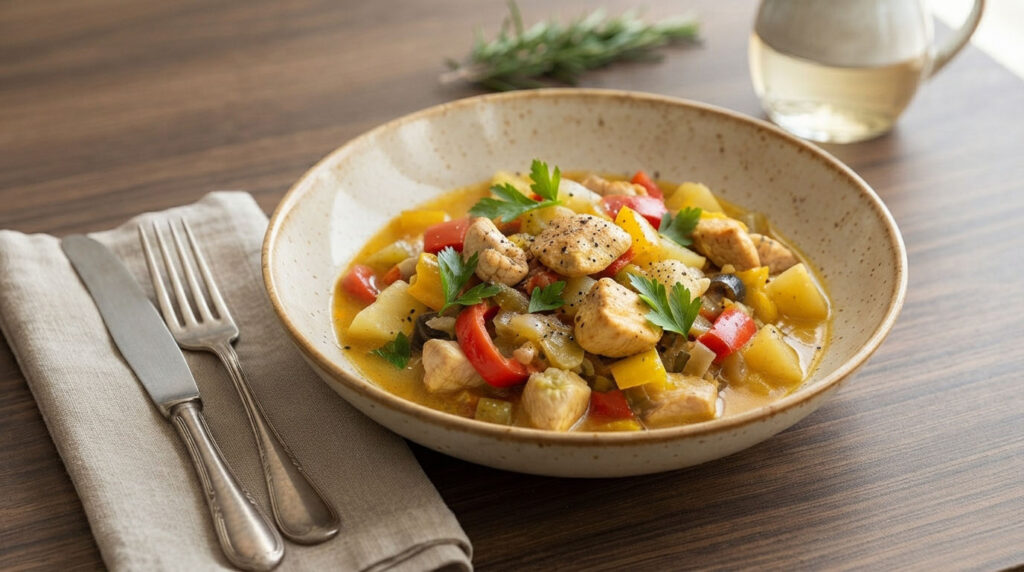 Bocconcini di pollo e coniglio alle verdure