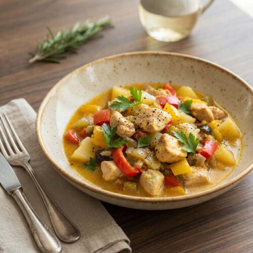piatto di bocconcini di pollo e coniglio alle verdure