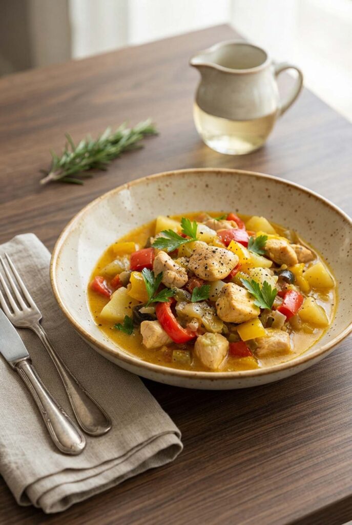 piatto in tavola di bocconcini di pollo e coniglio alle verdure