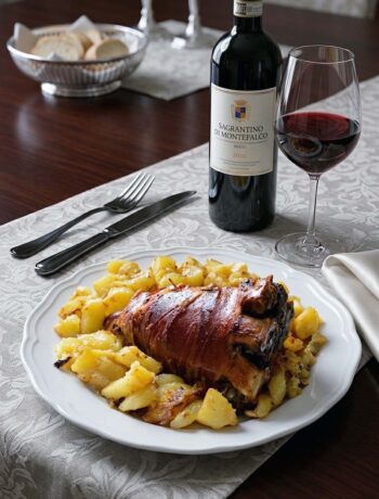 piatto di agnello al forno con patate e sagrantino