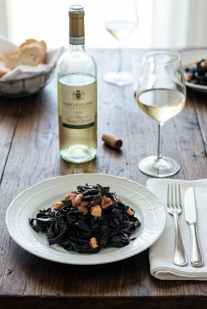 piatto di tagliatelle al nero di seppia con bottiglia. e calice di vino bianco