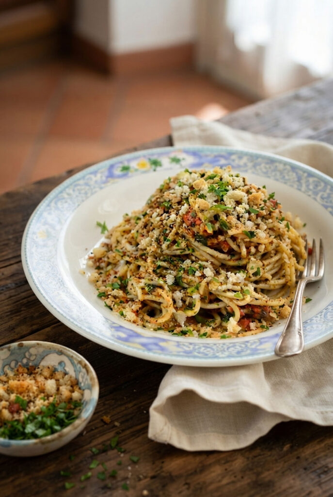 piatto spaghetti ai ricci di mare e briciole di pane