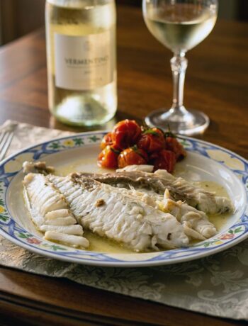 piatto con orata al cartoccio con bottiglia di vino e pomodorini