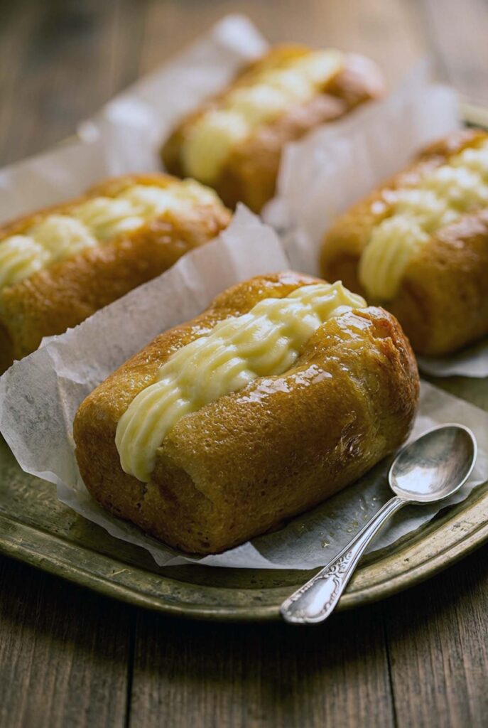 Babà all'arancia lucido di gelatina, farcito con crema diplomatica e scorze d'arancia