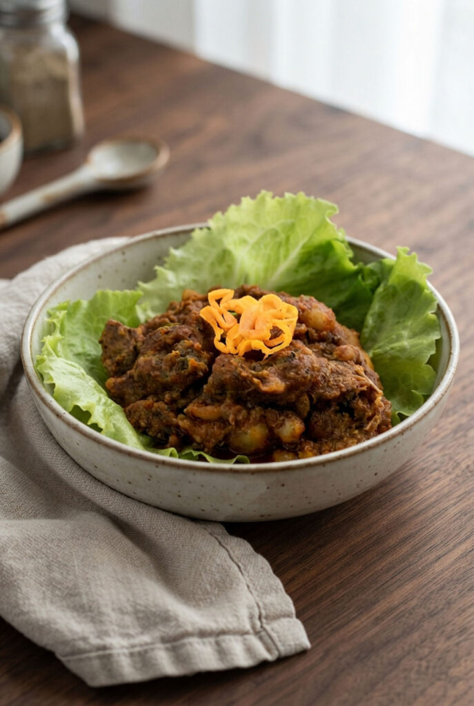 piatto con insalata e spezzatino con habanero affettato in tavola apparecchiata