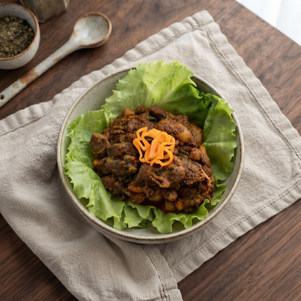 piatto con insalata e spezzatino con habanero affettato
