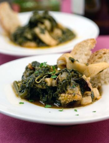 Piatto di seppie in umido con le verdure e una fetta di pane tostato appoggiata sul bordo