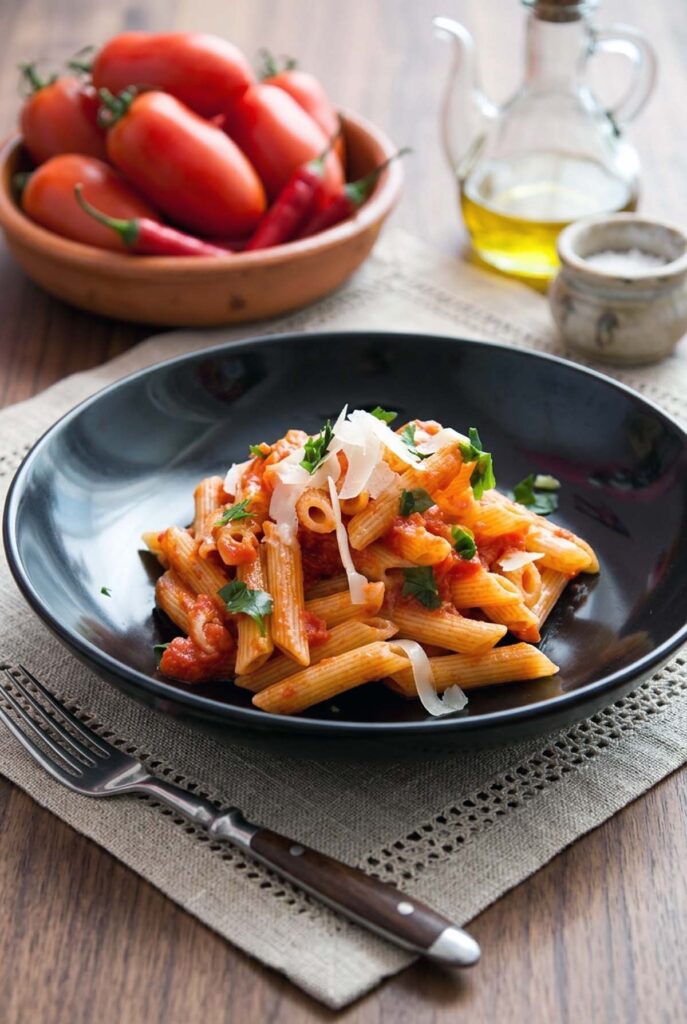 piatto di penne all'arrabbiata con pomodori e peperoncino