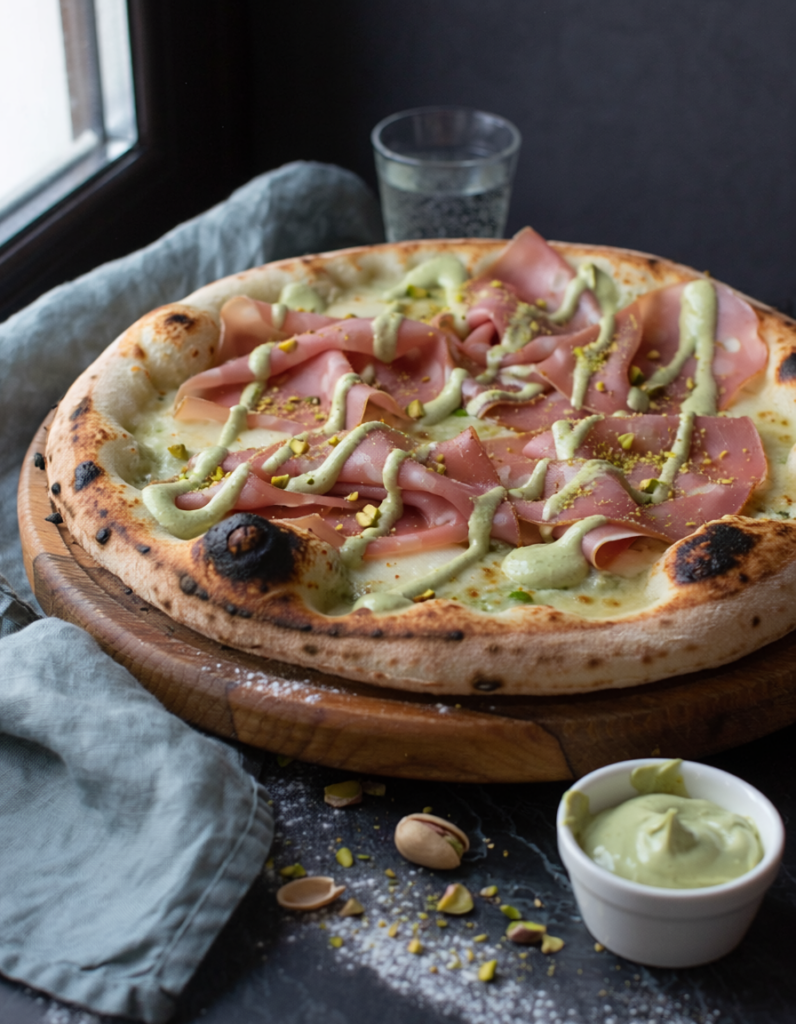 piartto com Pizza con mortadella e crema di pistacchio