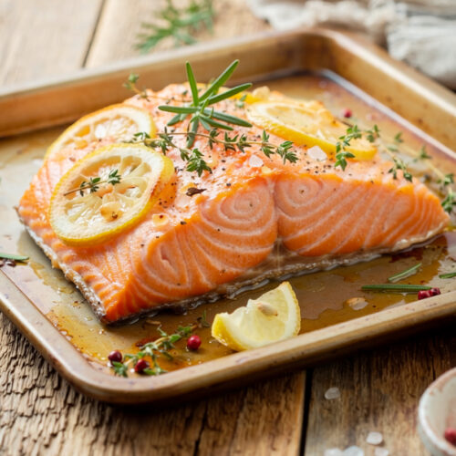 teglia da forno con Salmone con limone ed erbe aromatiche, in una tavola rustica