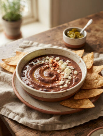 Salsa di fagioli rossi alla messicana in una ciotola, con formaggio sbriciolato e triangoli di tortilla