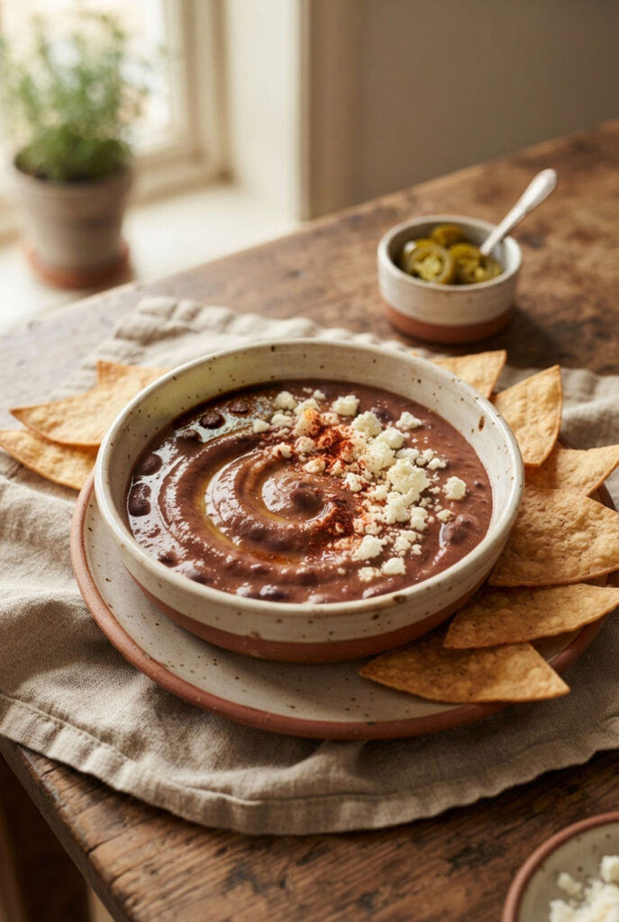 Salsa di fagioli rossi alla messicana in una ciotola, con formaggio sbriciolato e triangoli di tortilla