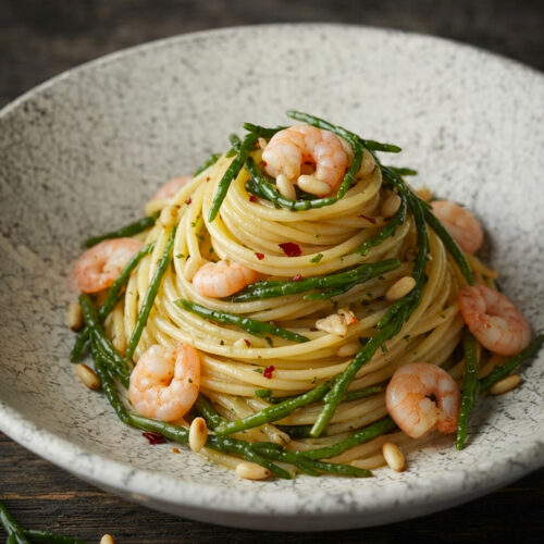 Spaghetti salicornia e gamberetti