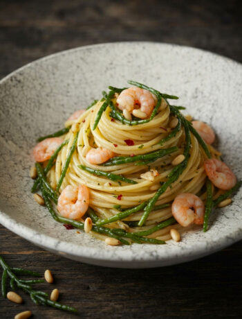 Spaghetti salicornia e gamberetti