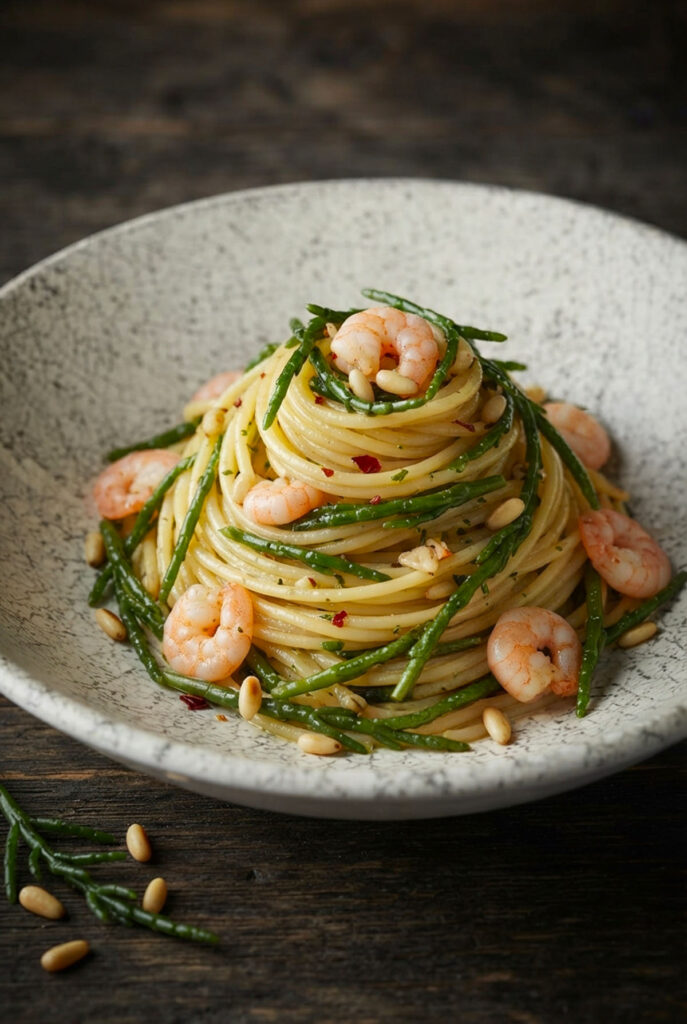 Spaghetti salicornia e gamberetti