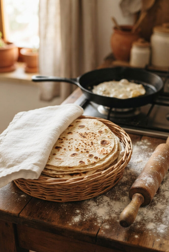 Tortillas fatte in casa mentre cuociono in cucina