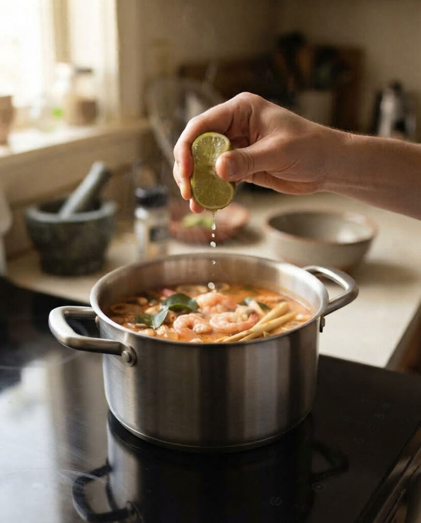 lime strizzato su pentola con Tom yam kung