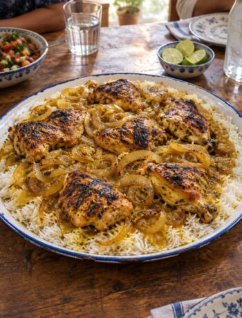 piatto di Yassa di pollo - il pollo al lime e cipolle del Senegal