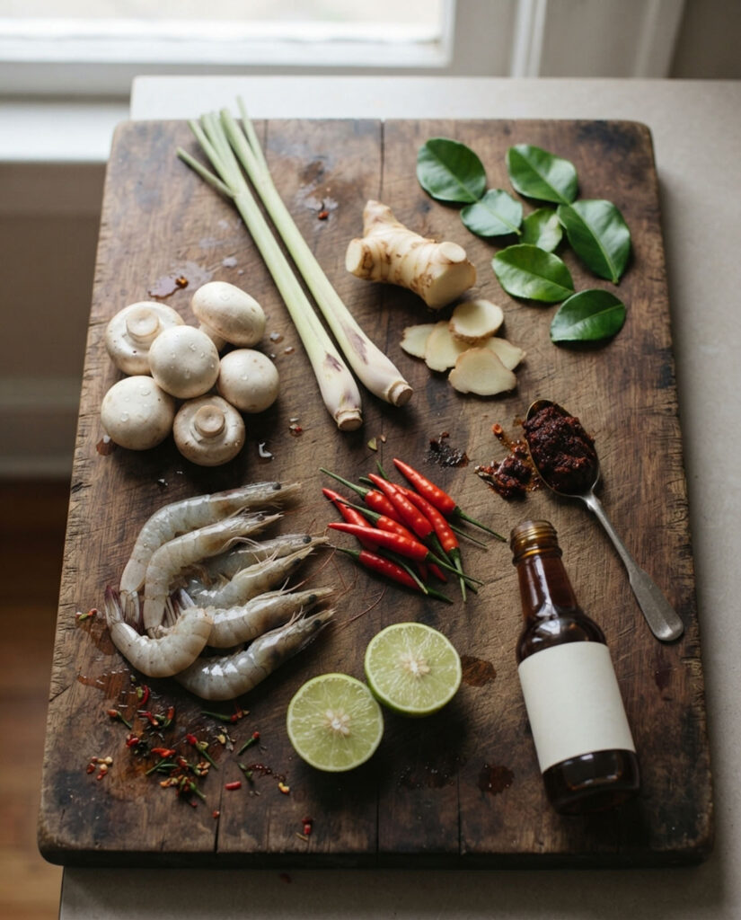 tagliere con ingredienti per Tom yam kung