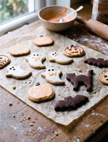 Biscotti di Halloween senza burro a forma di zucca, fantasma, gatto e pipistrello, chiari e al cacao, su carta forno