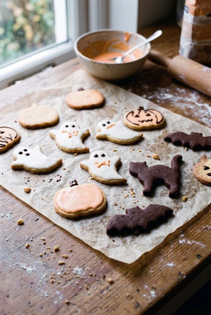 Biscotti di Halloween senza burro a forma di zucca, fantasma, gatto e pipistrello, chiari e al cacao, su carta forno