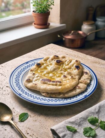 Pane naan fatto in casa con bolle dorate e macchie scure, spennellato di burro e aglio