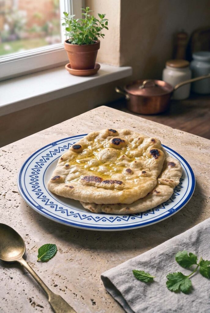 Pane naan fatto in casa con bolle dorate e macchie scure, spennellato di burro e aglio