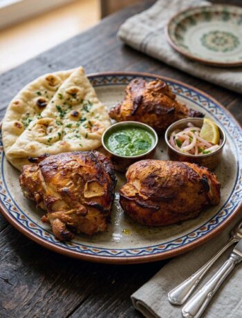Pollo tandoori al forno, con cosce e sovracosce marinate nello yogurt, pane naan