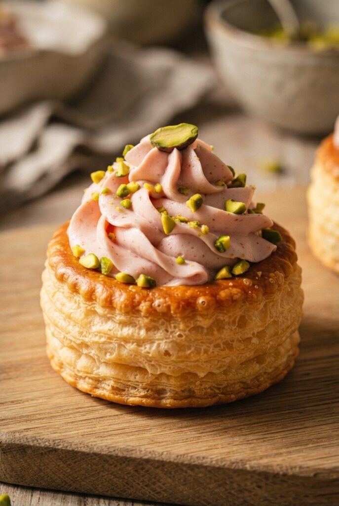 dettaglio voul-au-vent con mousse di mortadella e granella di pistacchu