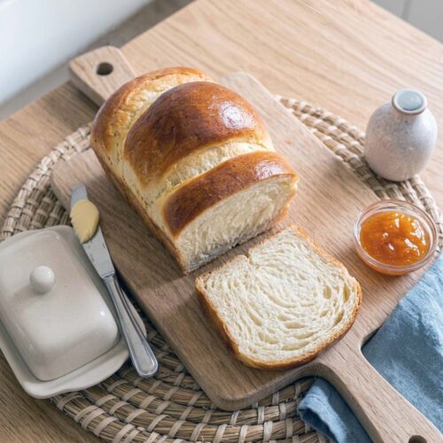 fetta di Pane al latte di Hokkaido con coltello, burro, marmellata e interno della fetta soffice