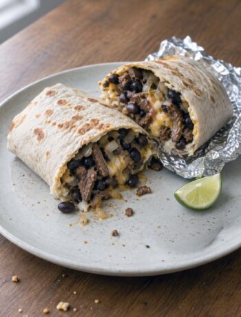 piatto di burrito messicano tagliato a metà